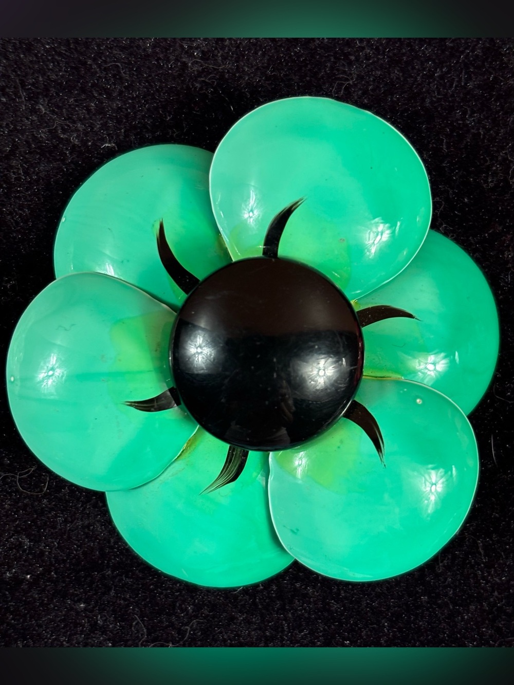 Vintage Green Lucite Flower Brooch Black Center Mod Flower Power Pin